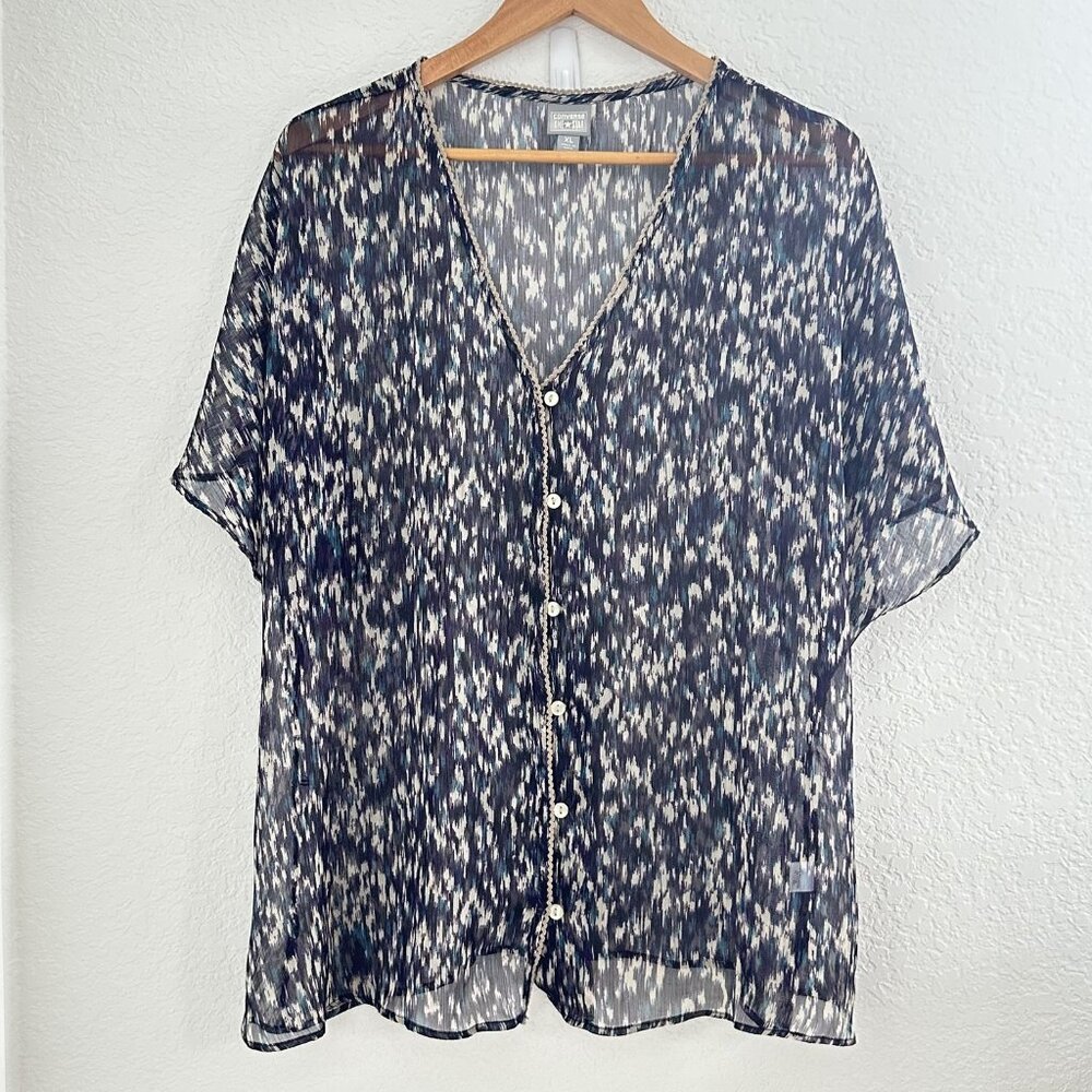 Converse One Star Blouse‎ Cover Up Womens XL Blue Sheer Button Front Geometric